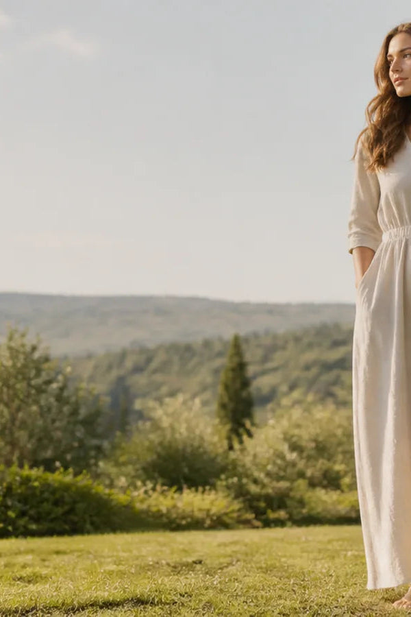 Woman wearing a LeMuse linen dress outdoors