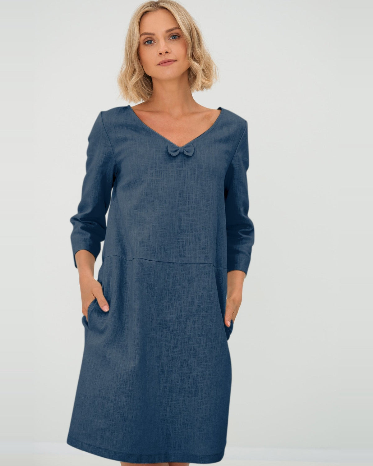 SUN – Linen Blend V-Neck Bow Dress – Blue dress, front view, studio #Color_Blue
