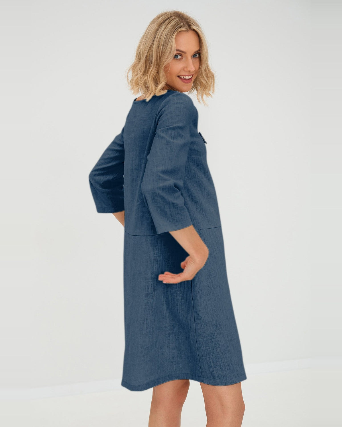 SUN – Linen Blend V-Neck Bow Dress – Blue dress, back view over the shoulder, studio #Color_Blue