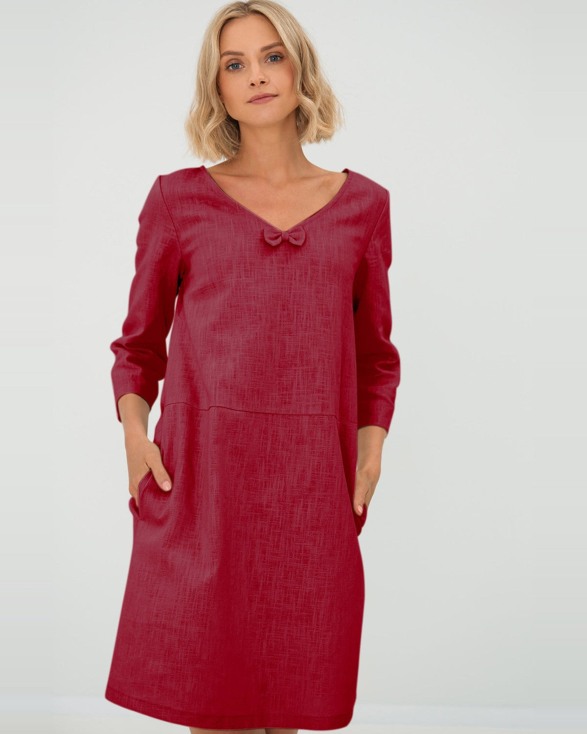 SUN – Linen Blend V-Neck Bow Dress – Cerise dress, front view, studio #Color_Cerise