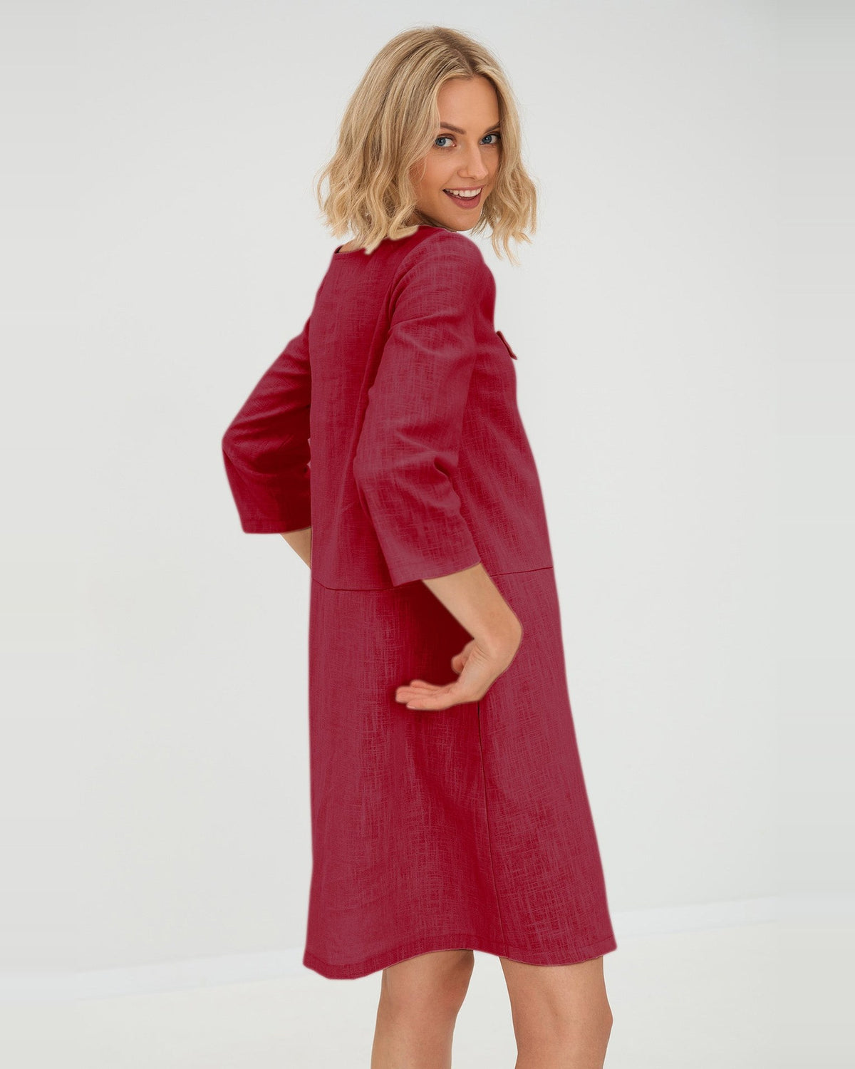 SUN – Linen Blend V-Neck Bow Dress – Cerise dress, back view over the shoulder, studio #Color_Cerise