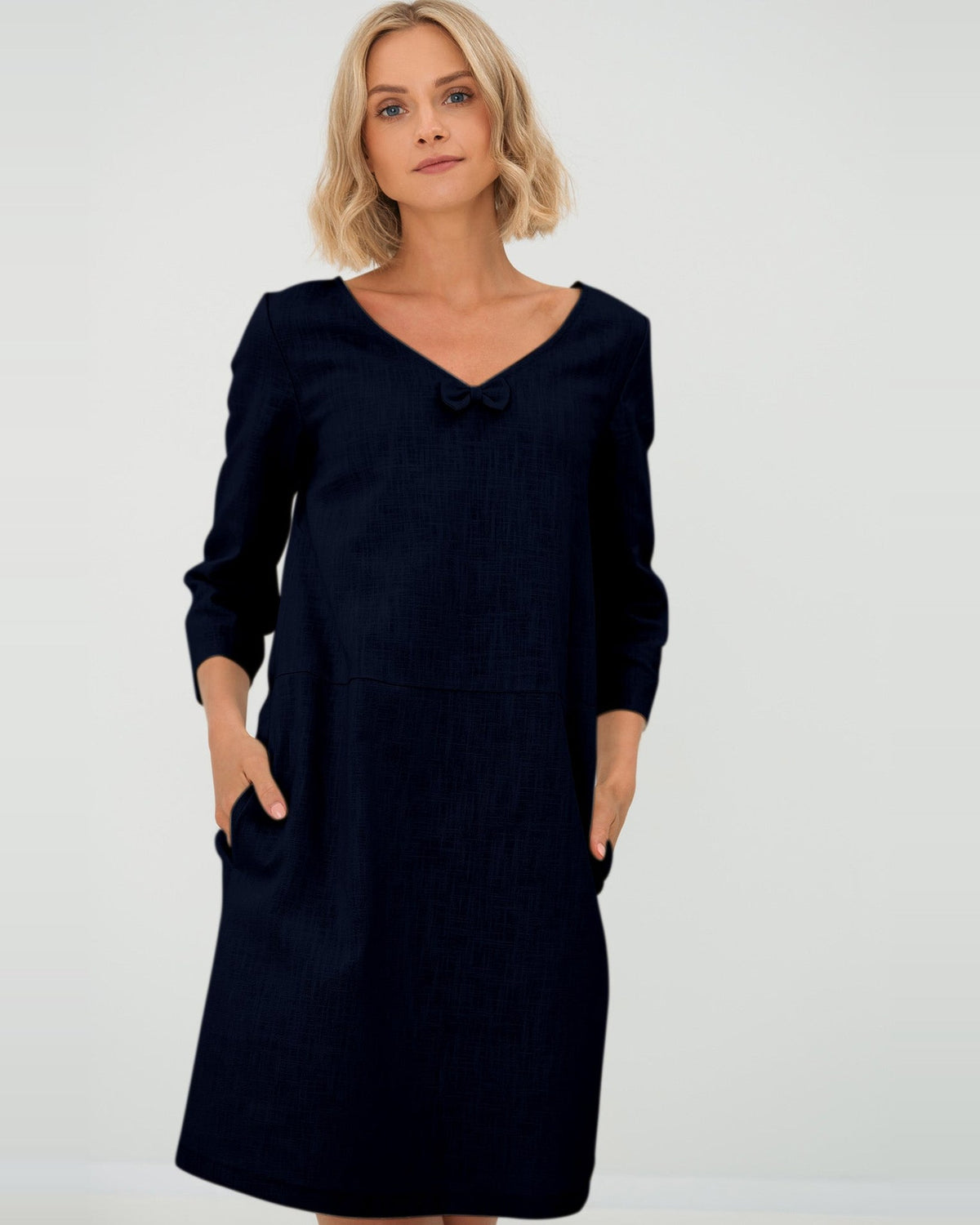 SUN – Linen Blend V-Neck Bow Dress – Deep blue dress, front view, studio #Color_Deep blue