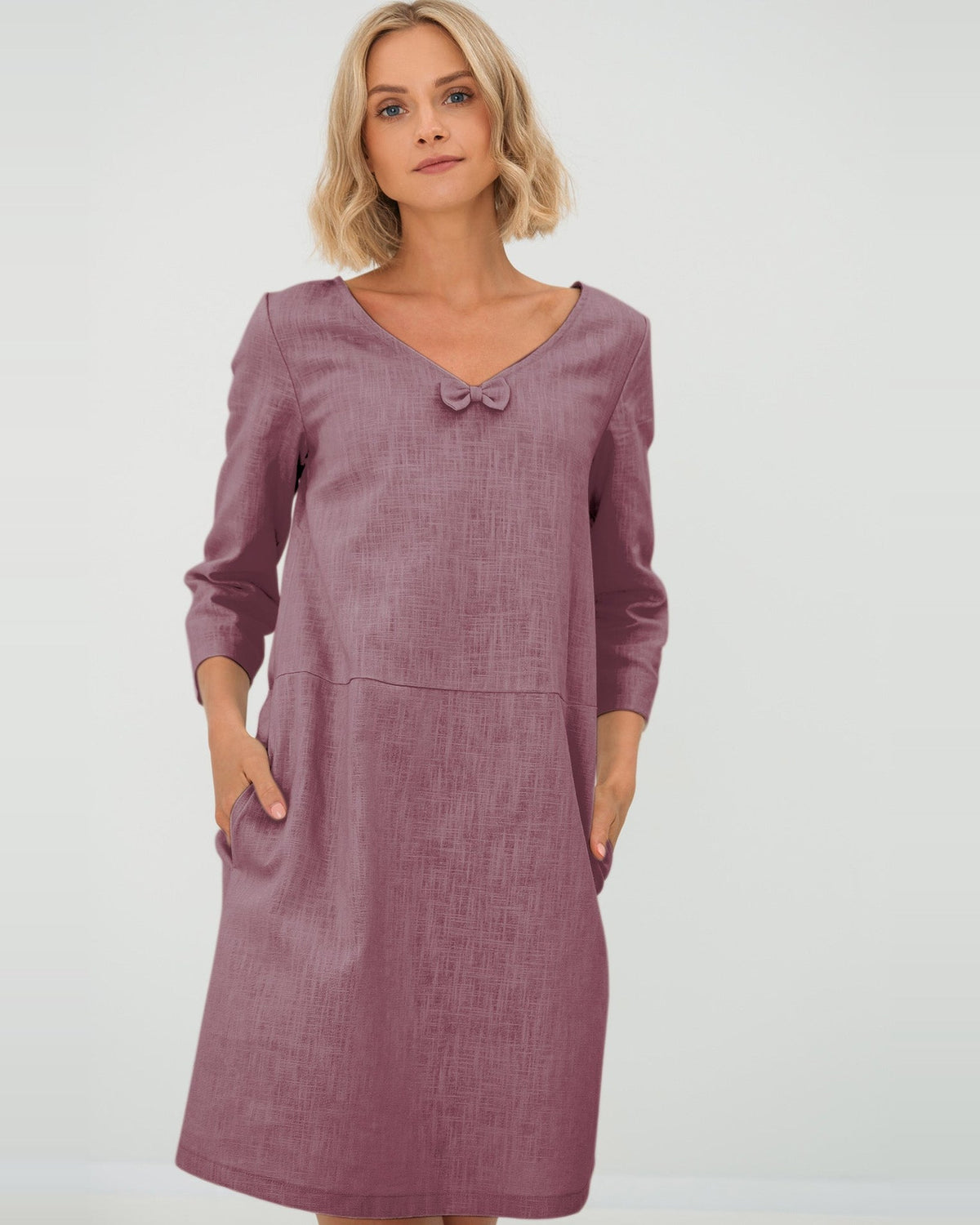 SUN – Linen Blend V-Neck Bow Dress – Dusty rose dress, front view, studio #Color_Dusty rose