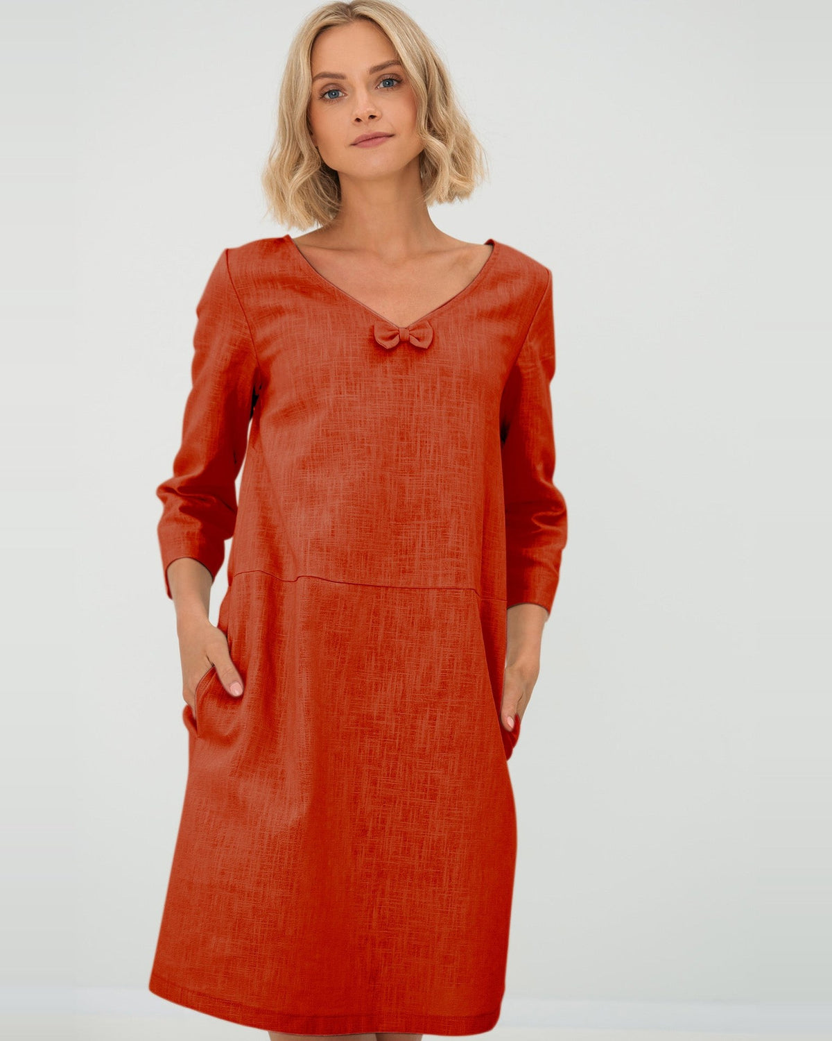 SUN – Linen Blend V-Neck Bow Dress – Orange dress, front view, studio #Color_Orange