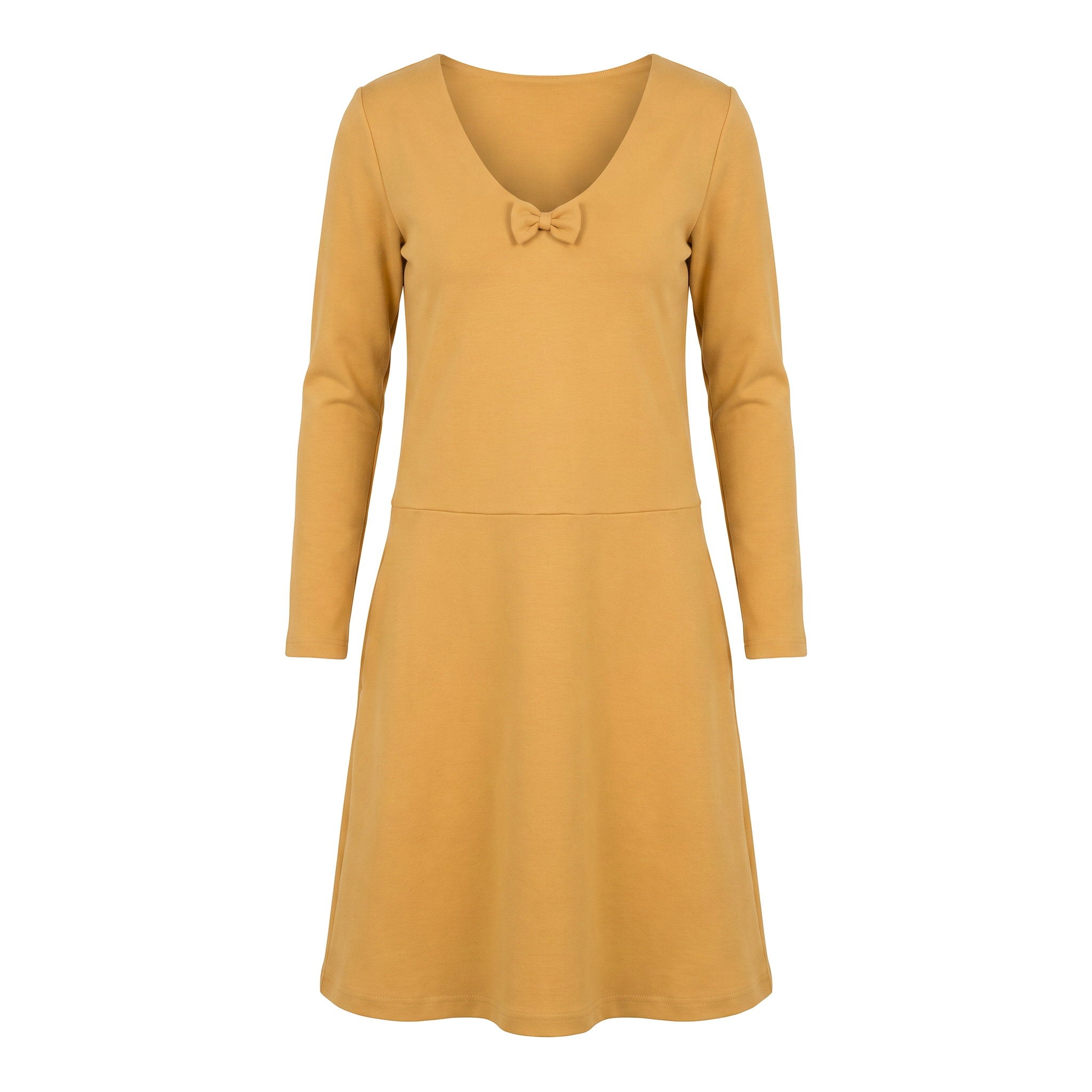 A mustard yellow long-sleeve dress with a V-neckline and a small bow detail at the center chest, shown against a plain white background.