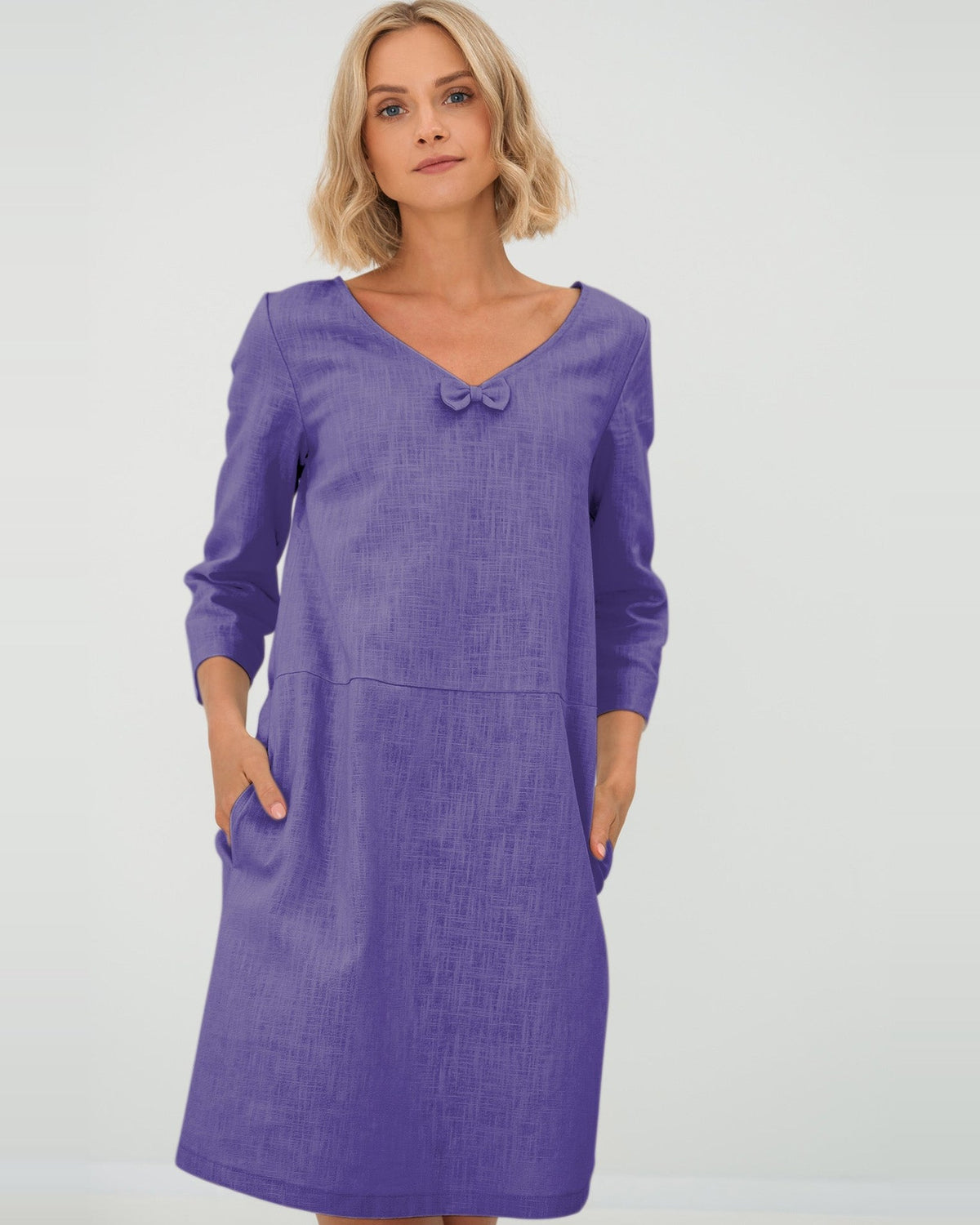 SUN – Linen Blend V-Neck Bow Dress – Purple dress, front view, studio #Color_Purple
