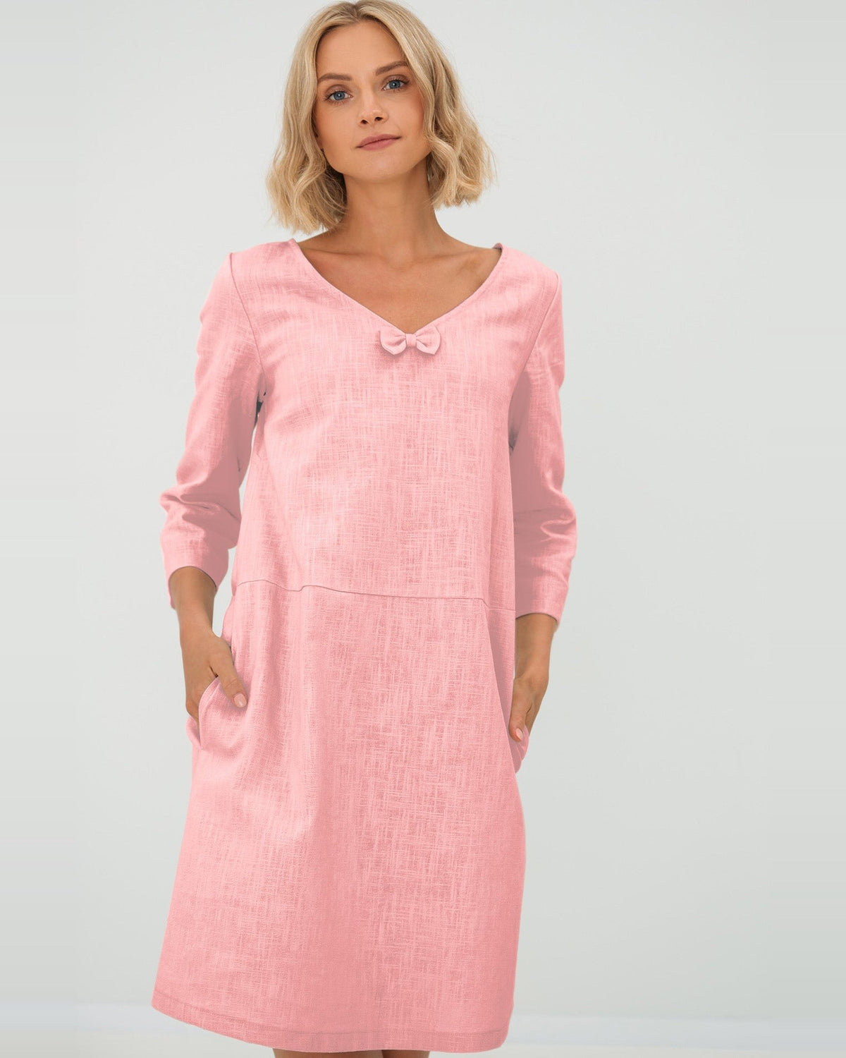 SUN – Linen Blend V-Neck Bow Dress – Rose dress, front view, studio #Color_Rose