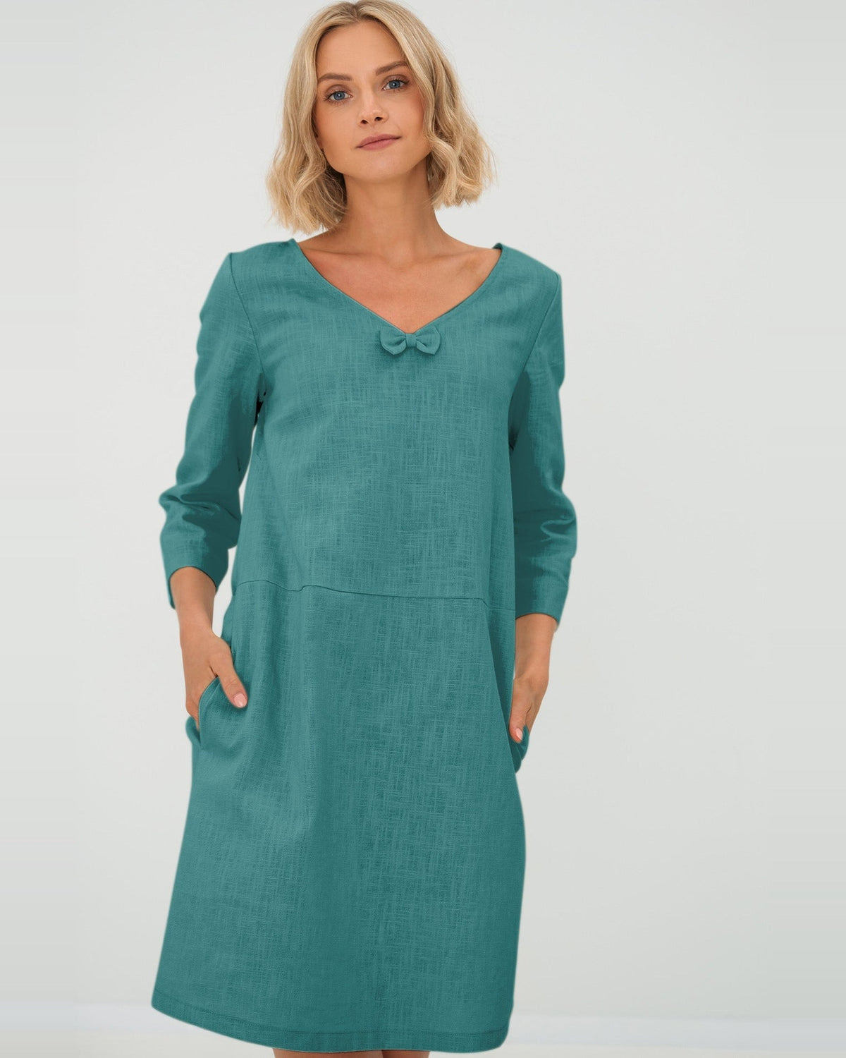 SUN – Linen Blend V-Neck Bow Dress – Teal dress, front view, studio #Color_Teal
