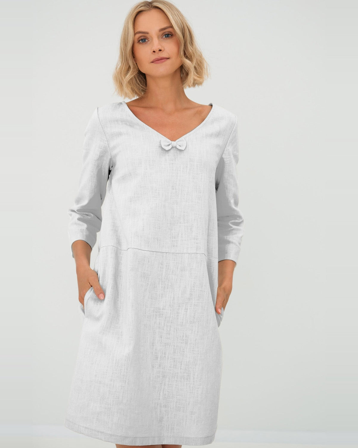 SUN – Linen Blend V-Neck Bow Dress – White dress, front view, studio #Color_White