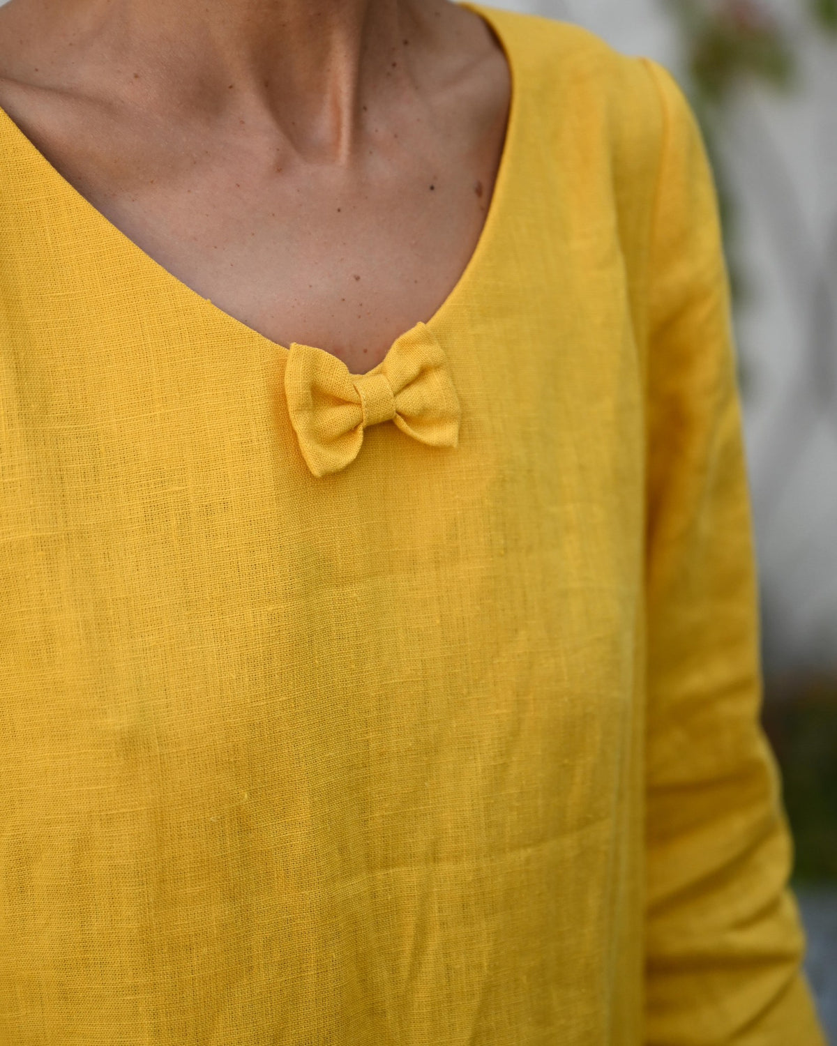 SUN – Linen Blend V-Neck Bow Dress – Yellow dress, bow neckline detail #Color_Yellow