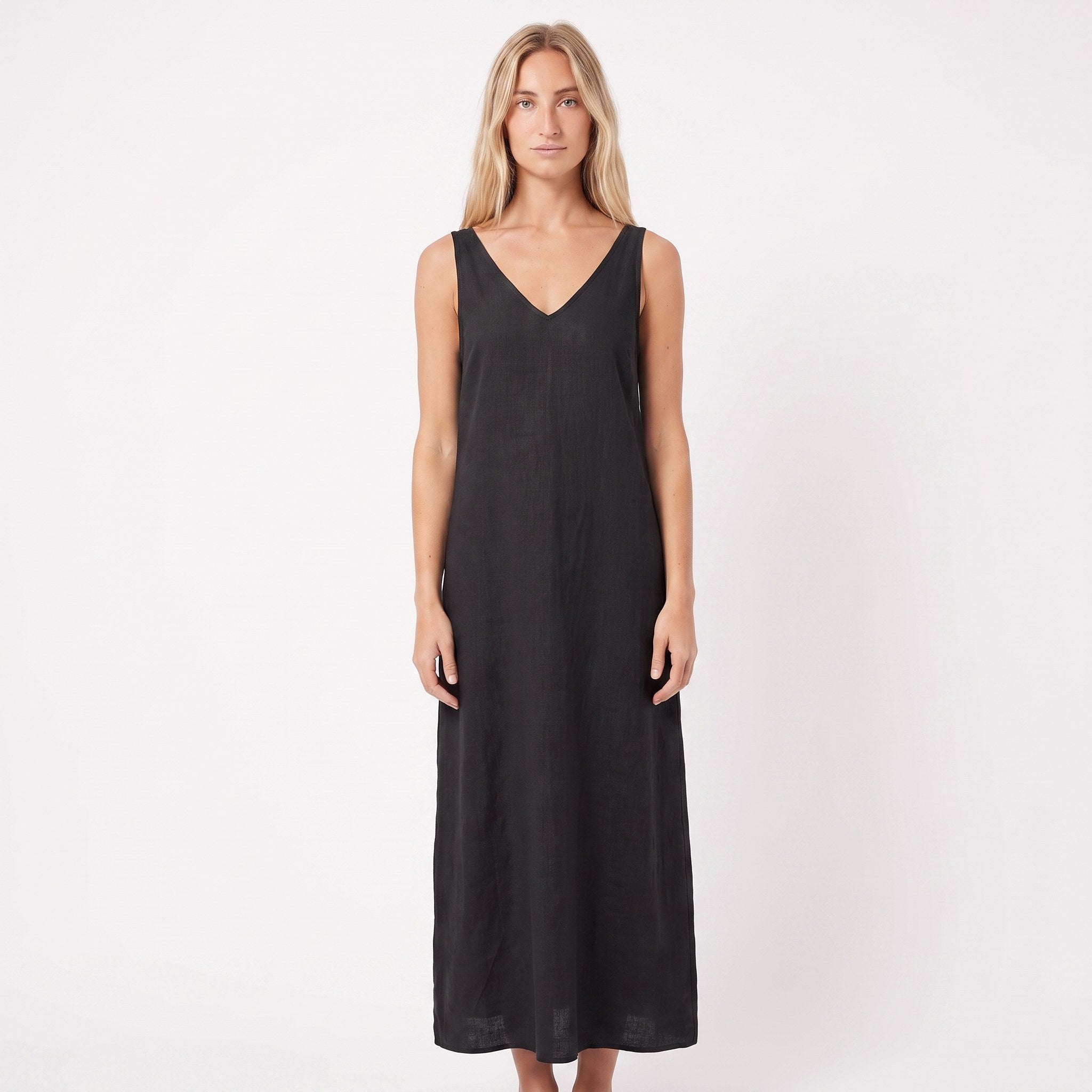 SUNSET — Sleeveless V-Neck Linen Midi Dress