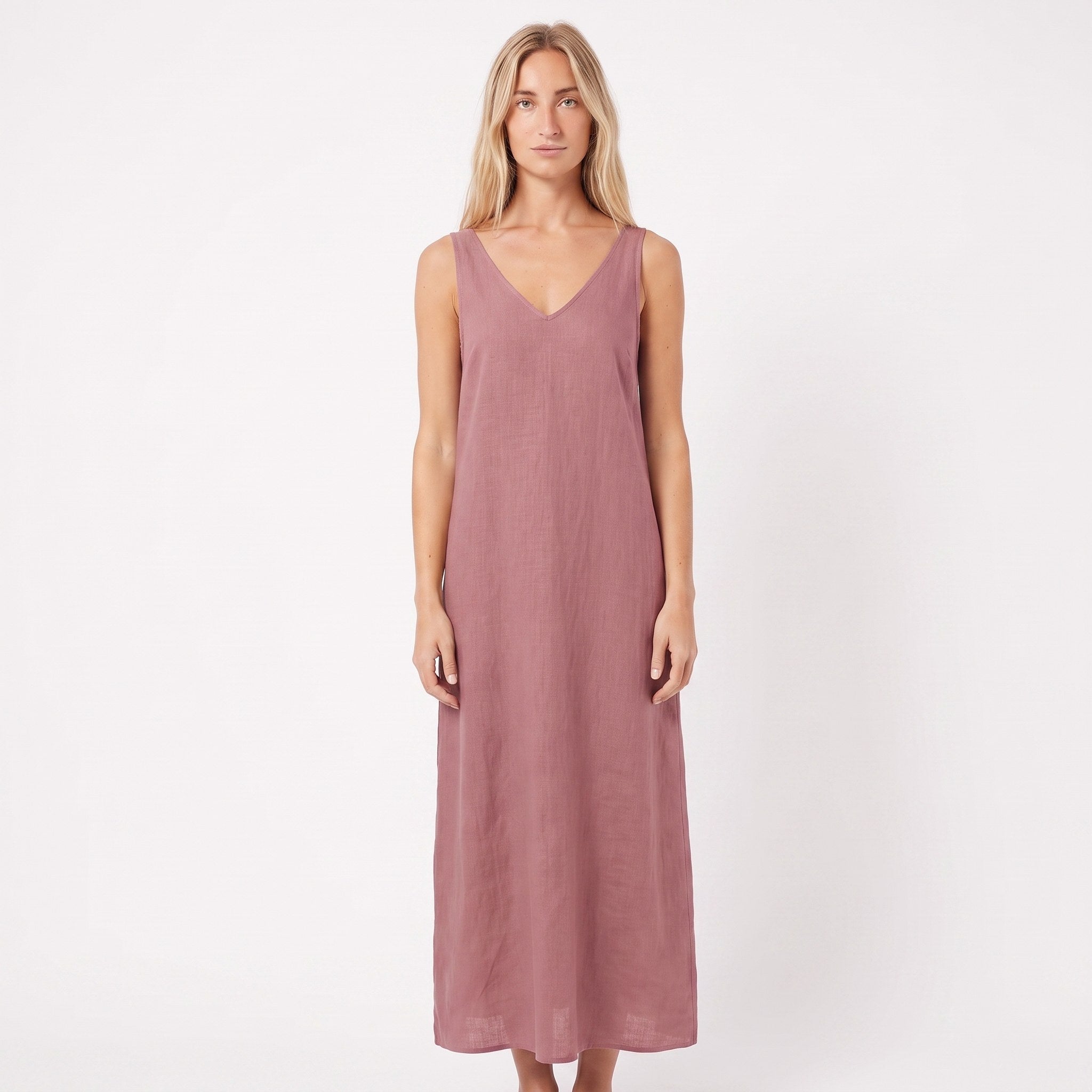 SUNSET — Sleeveless V-Neck Linen Midi Dress