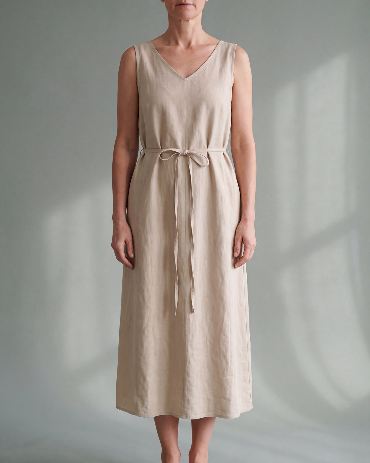 SUNSET beige linen blend V-neck midi dress, close front view