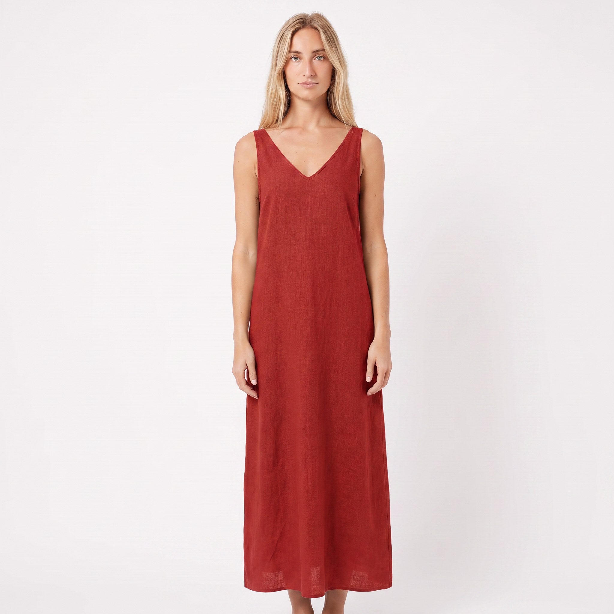 SUNSET — Sleeveless V-Neck Linen Midi Dress