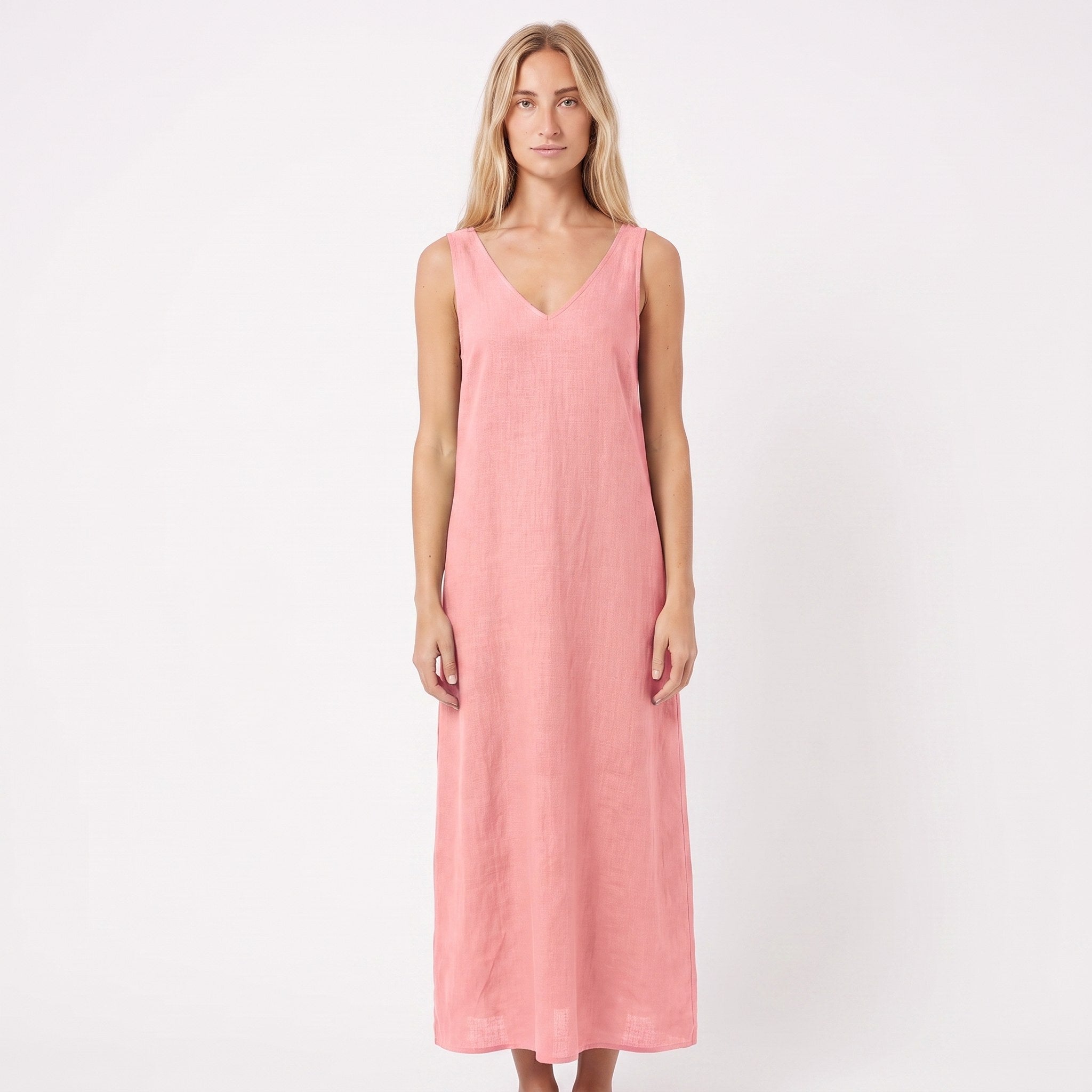 SUNSET — Sleeveless V-Neck Linen Midi Dress