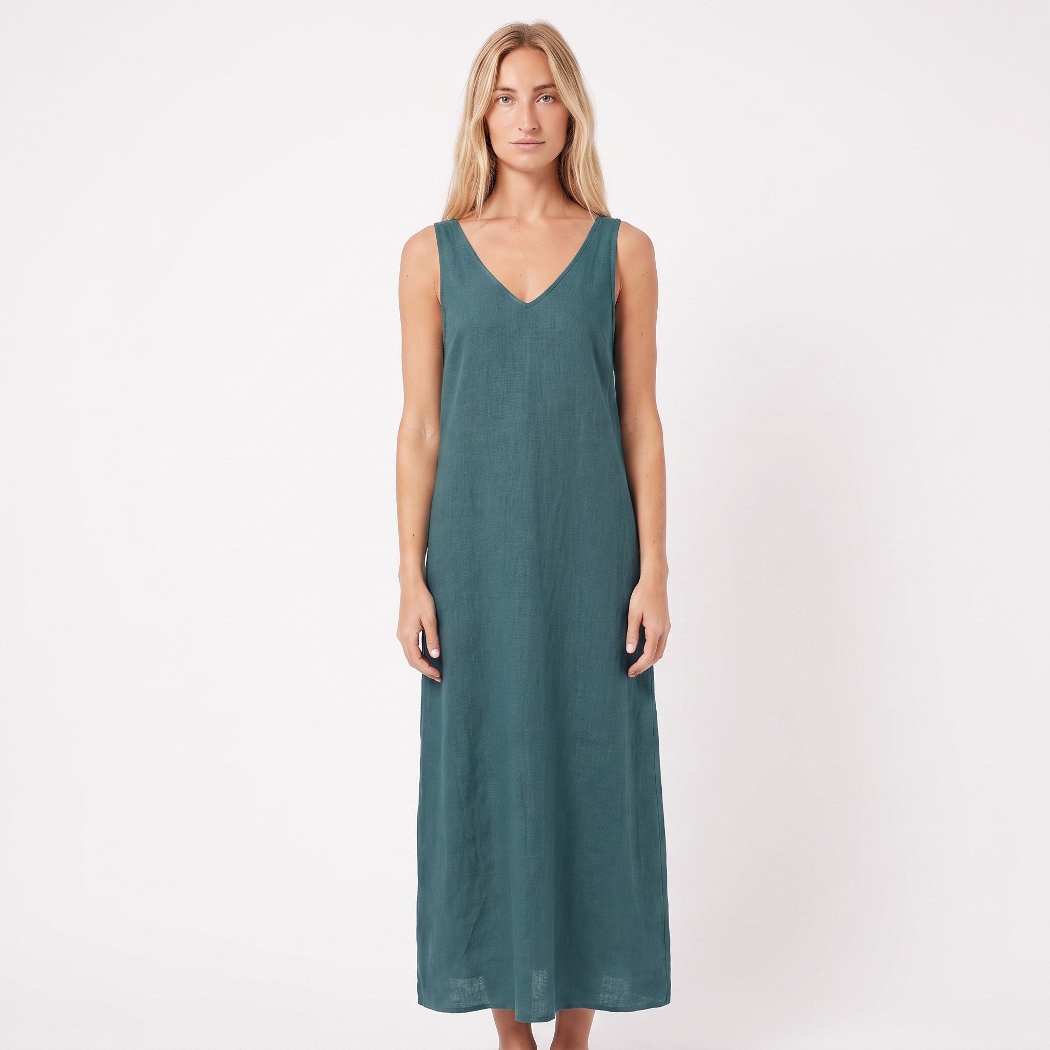 SUNSET — Sleeveless V-Neck Linen Midi Dress