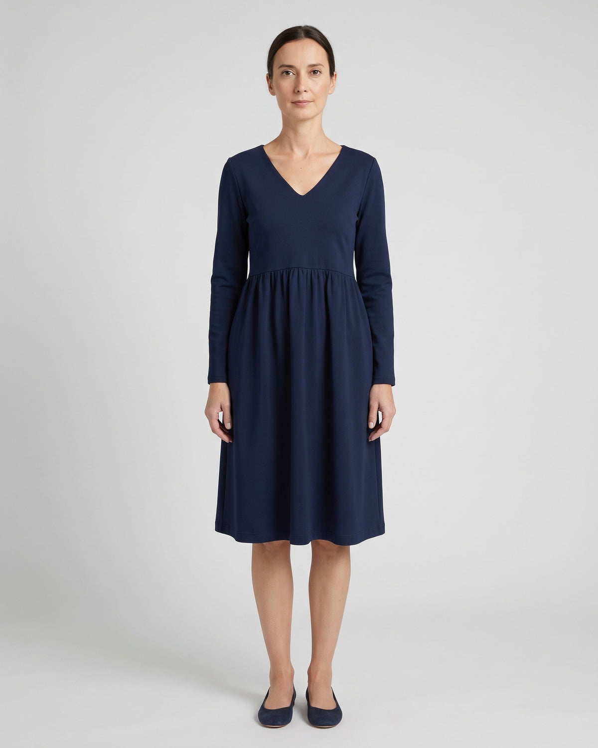 SUNSHINE Punto Milano midi dress in deep blue, front view, full length #Color_Deep blue