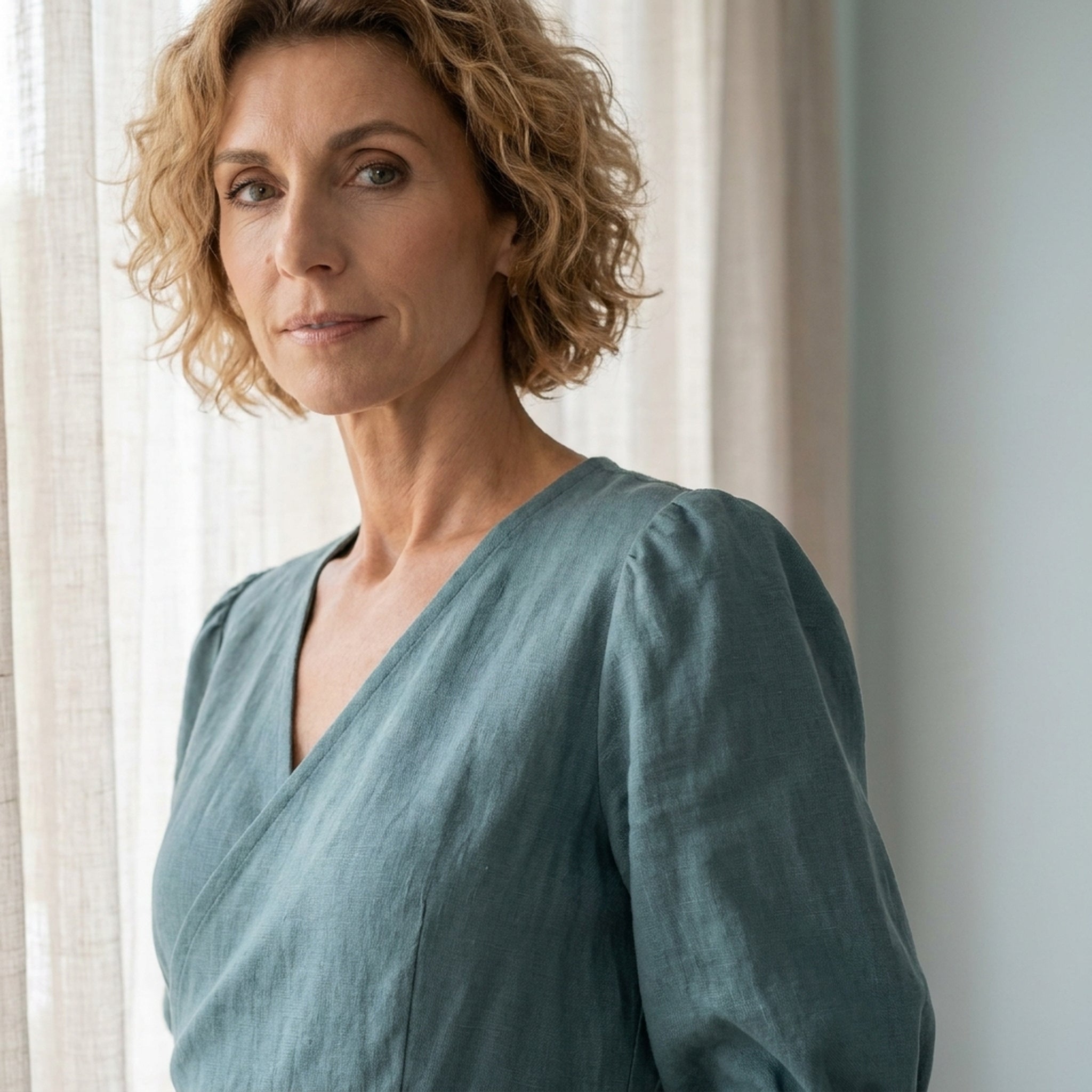 BONNIE linen midi dress in Teal — portrait view