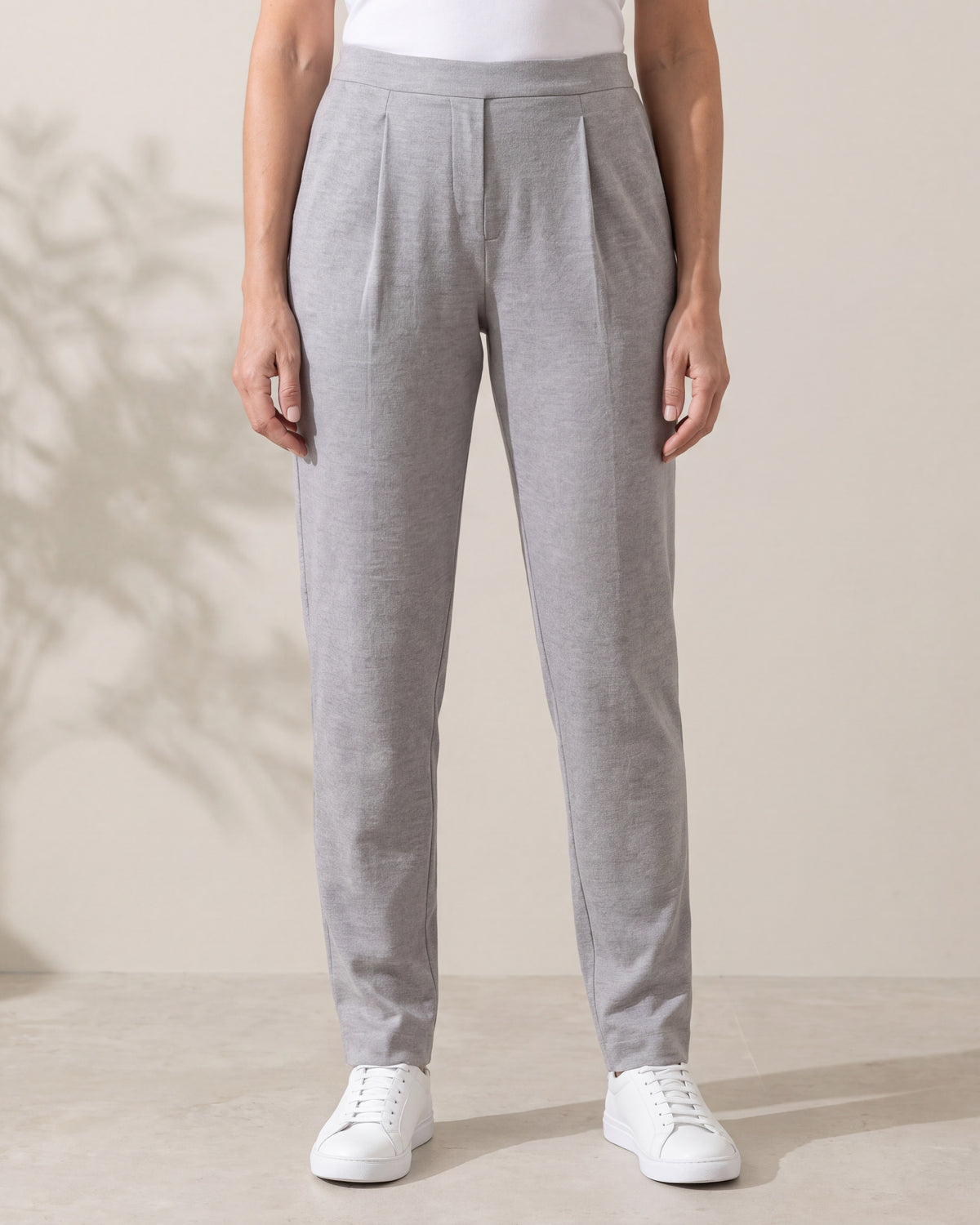 TRAVEL WARM Light Grey wool tapered trousers, close front view