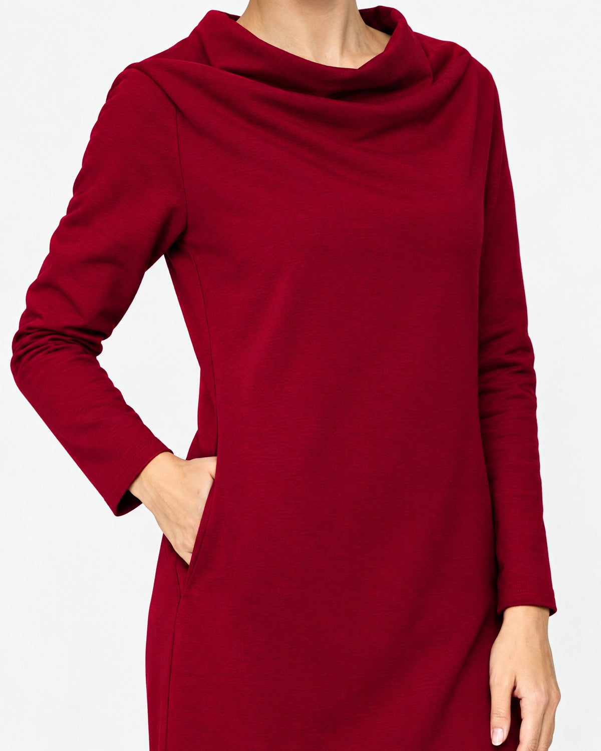 Close-up of the dark red long-sleeve cowl-neck midi dress fabric, cowl neckline and pocket detail. #Color_Red