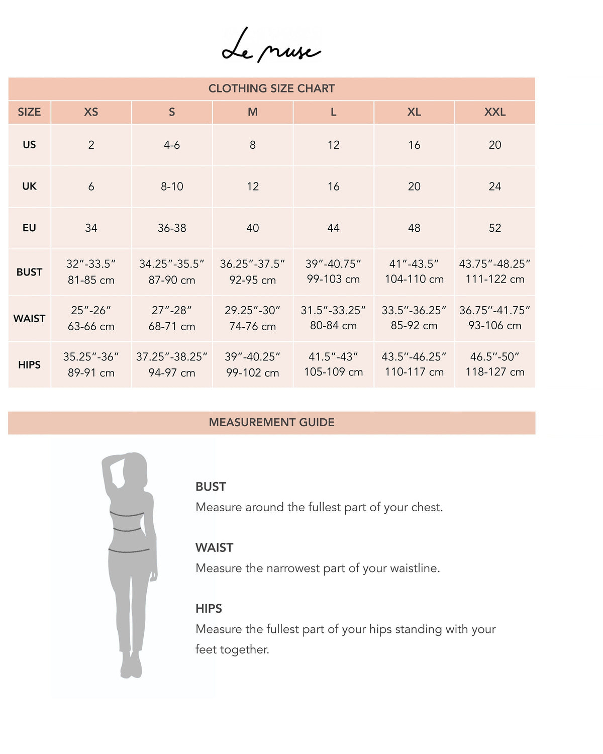 LeMuse clothing size chart