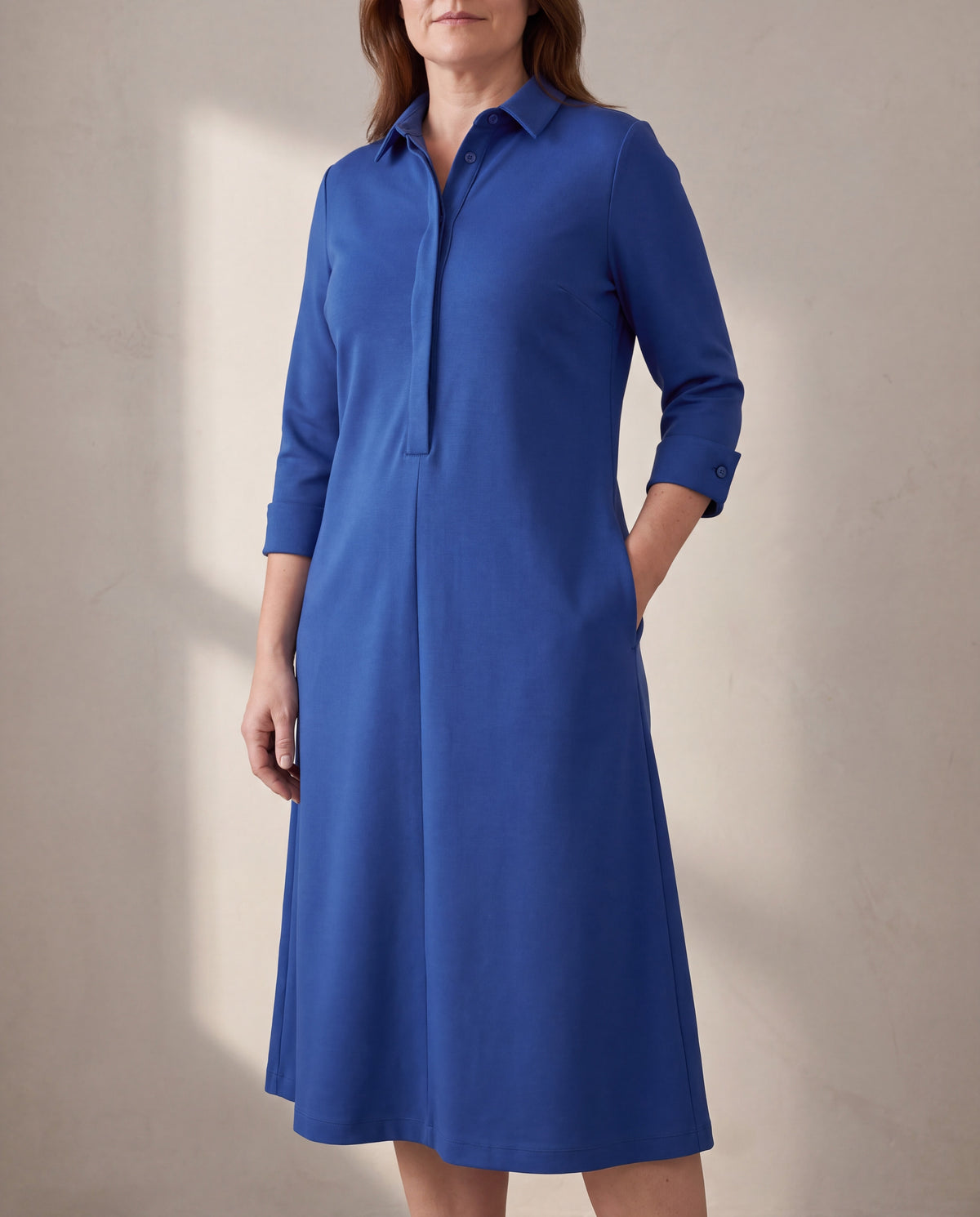 JOURNEY Punto Milano midi shirt dress in Cobalt with concealed placket and three-quarter sleeves