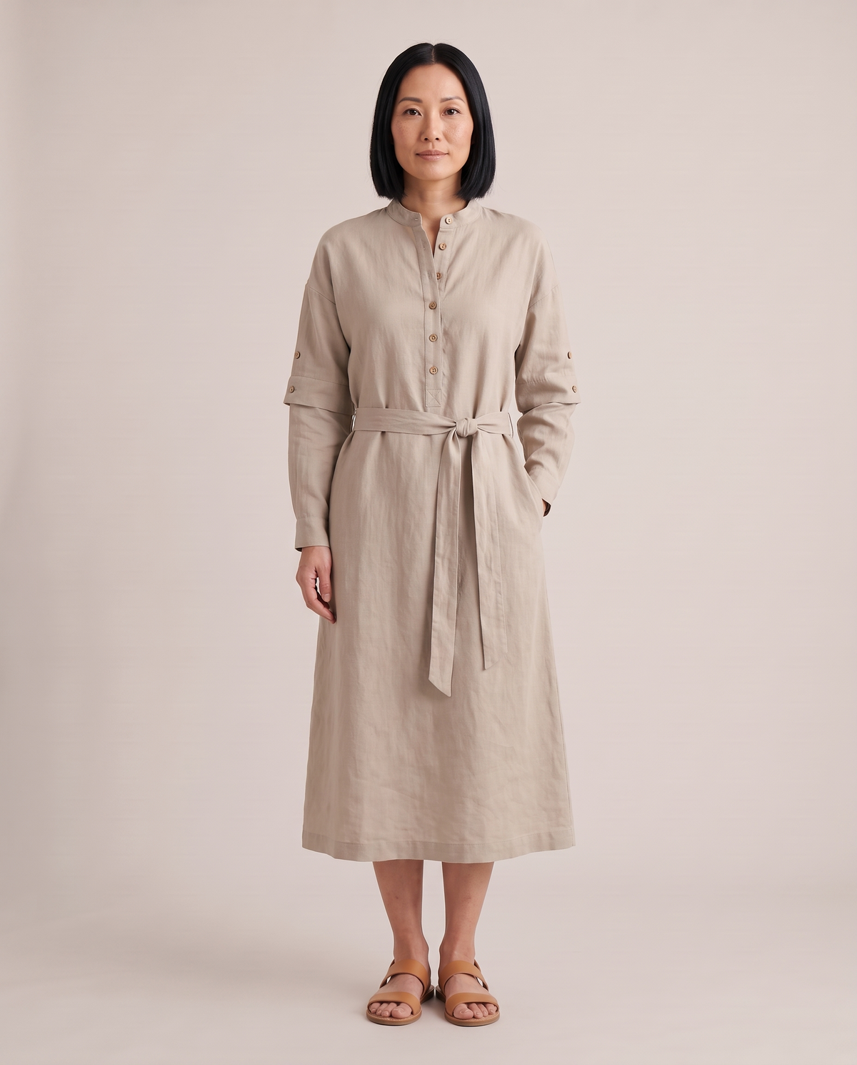 VERA linen midi dress in Beige, front view