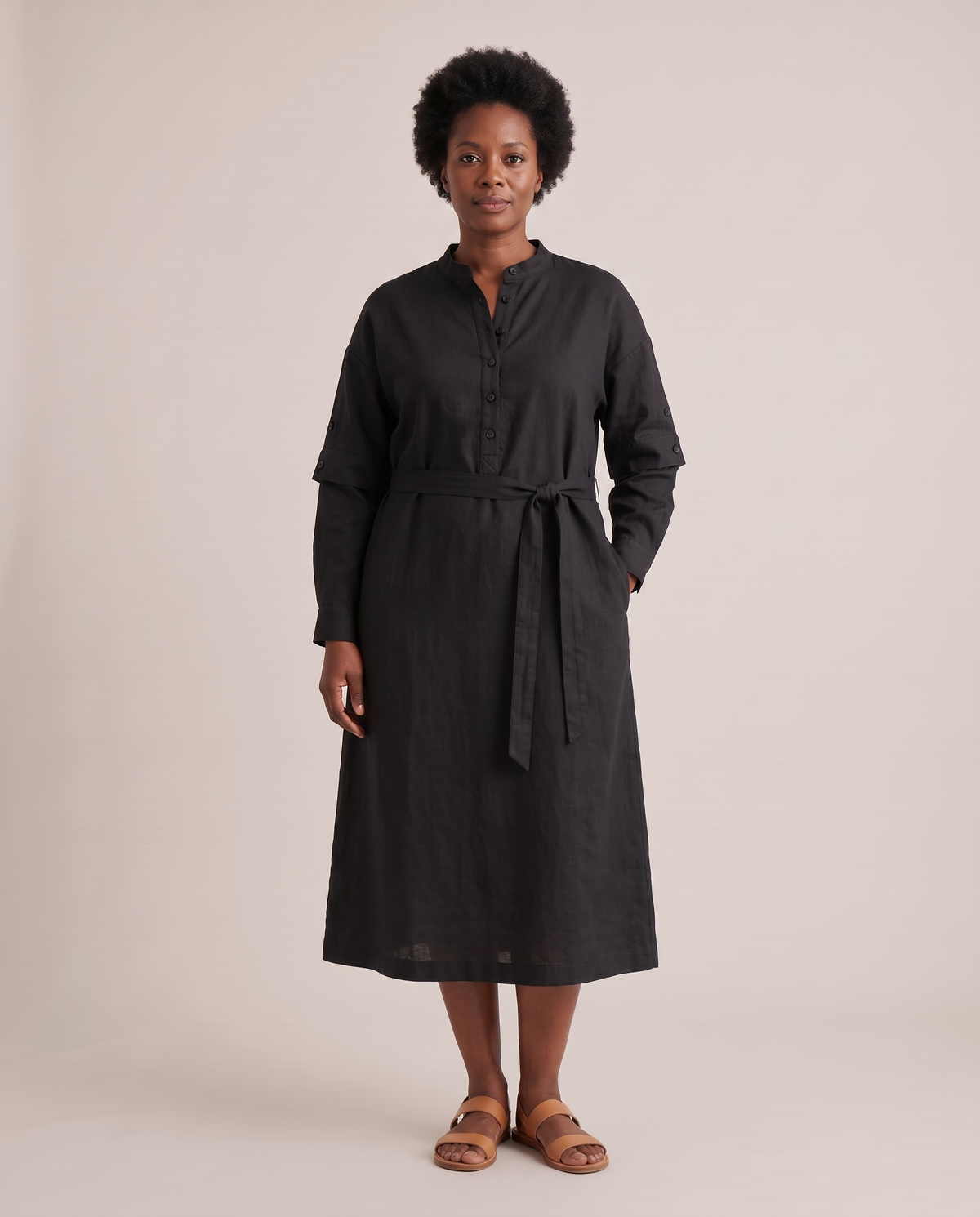 VERA linen midi dress in Black, front view