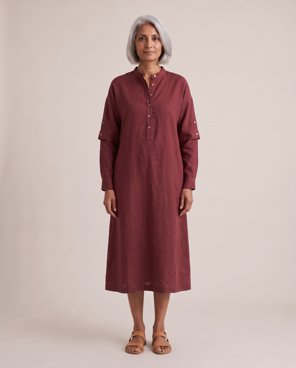 VERA linen midi dress in Burgundy, front view