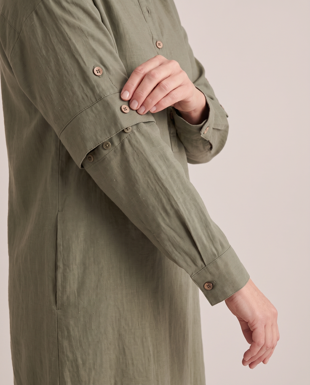 VERA linen midi dress in Olive Green, sleeve band with two buttons and button-on long sleeve