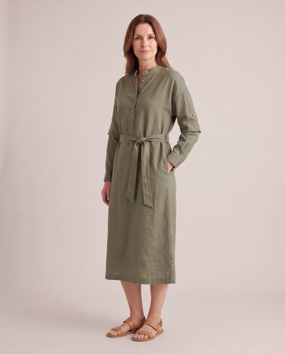 VERA linen midi dress in Olive Green, three-quarter view