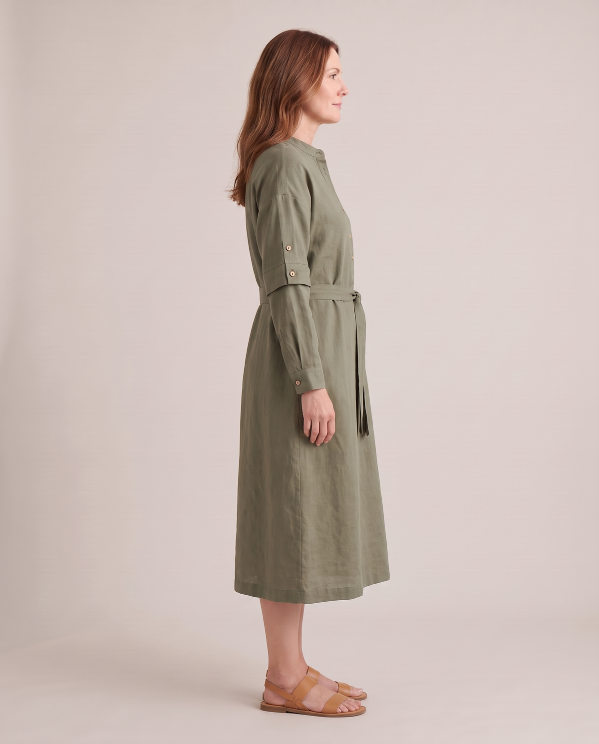 VERA linen midi dress in Olive Green, side view