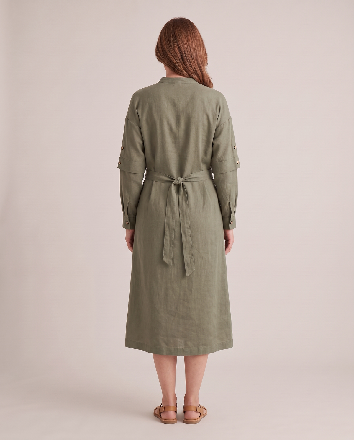 VERA linen midi dress in Olive Green, back view with tie belt