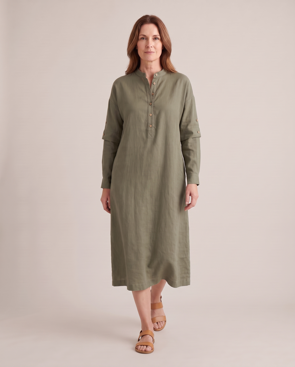 VERA linen midi dress in Olive Green, walking, without belt