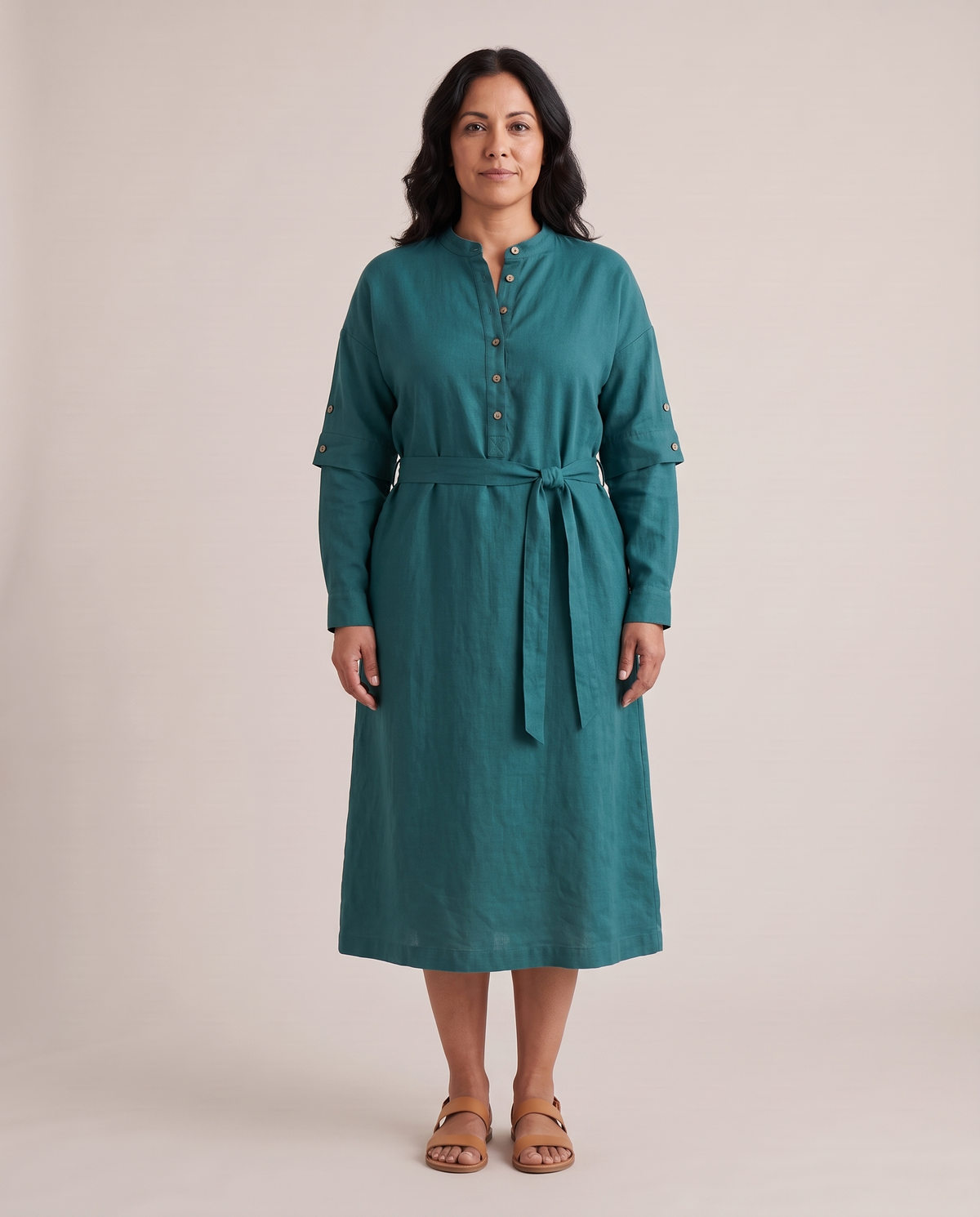 VERA linen midi dress in Teal, front view