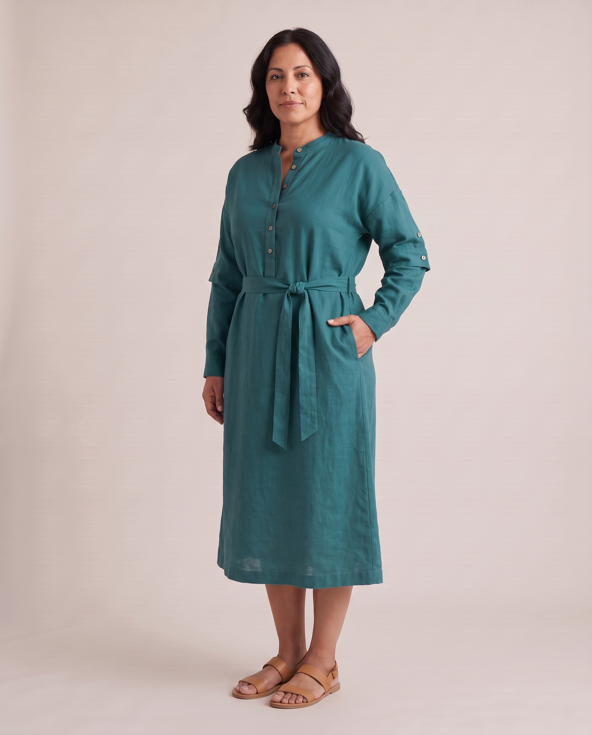 VERA linen midi dress in Teal, three-quarter view