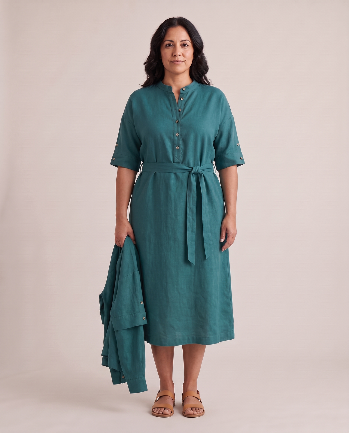 VERA linen midi dress in Teal worn with short sleeves
