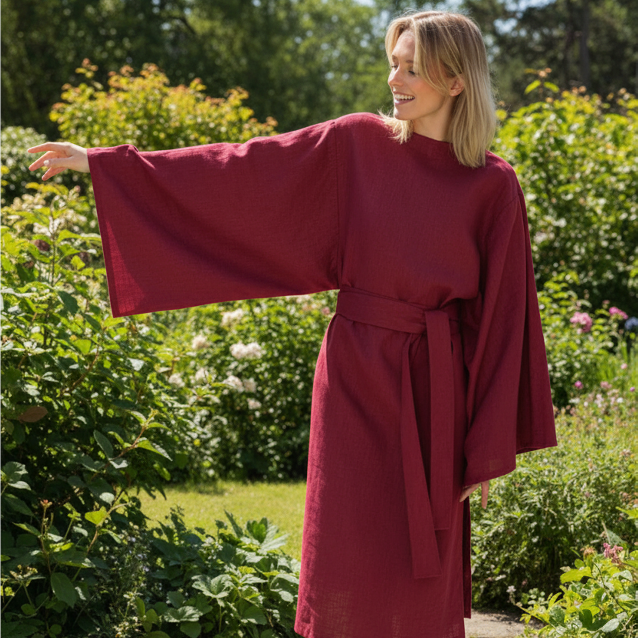 WHISPER — Stonewashed Linen Kimono-Sleeve Midi Dress