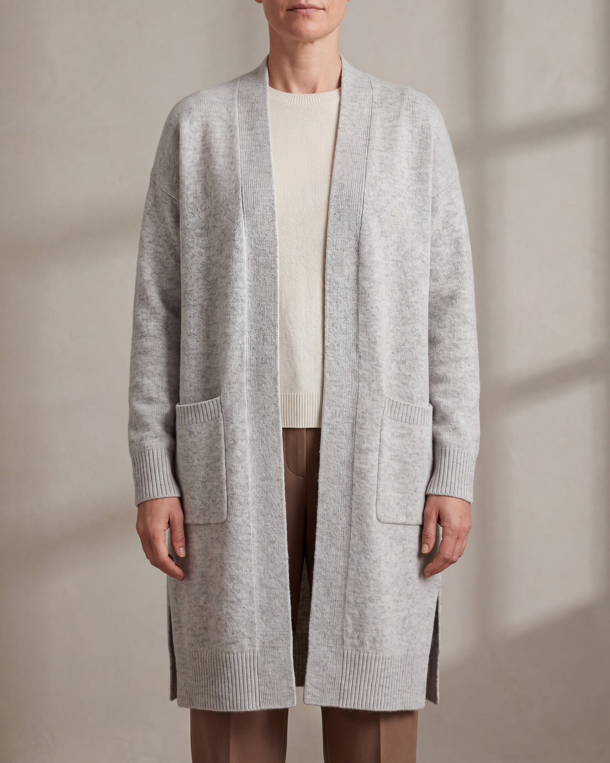 WILLOW Light grey wool longline cardigan, close front view