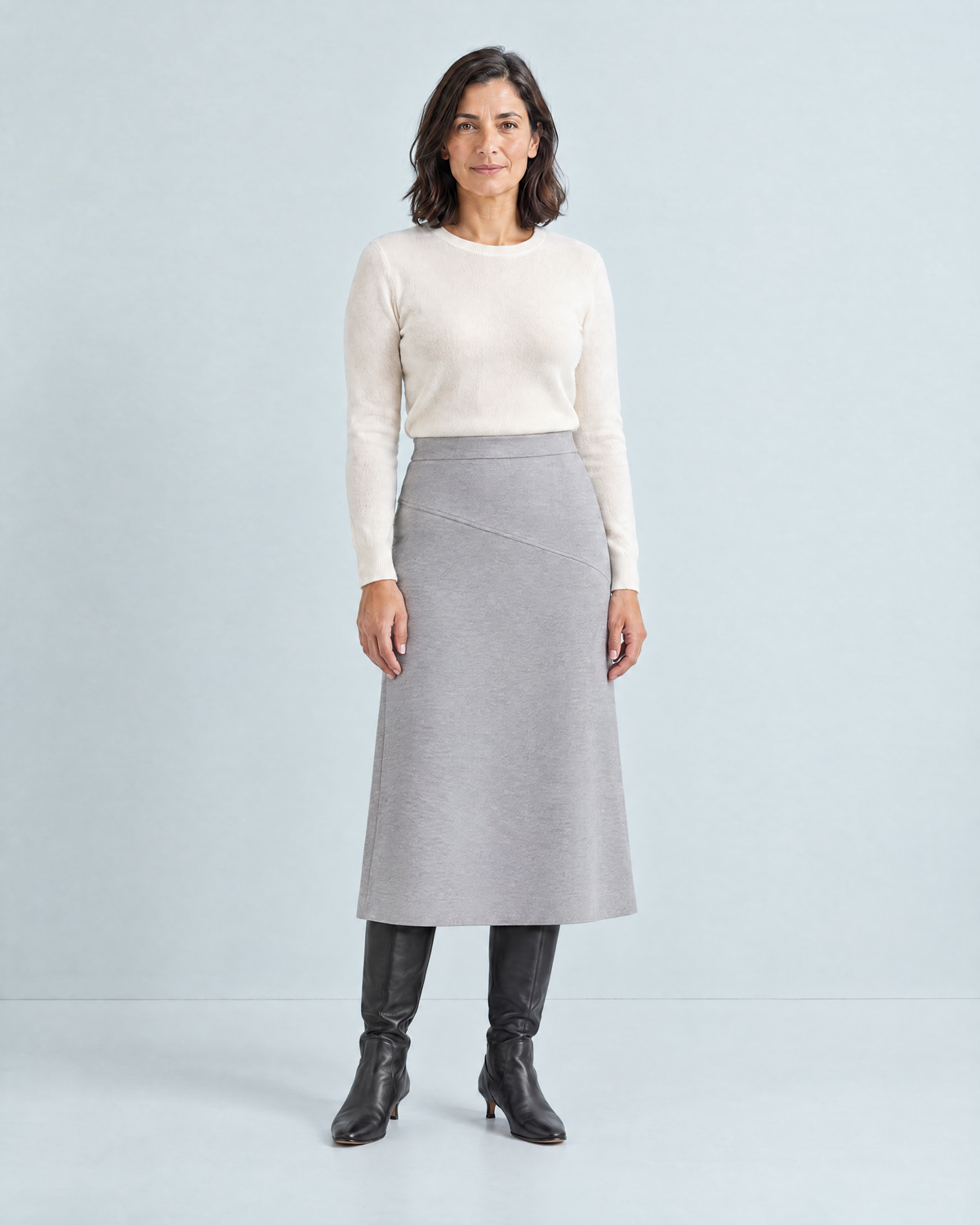 WINTER MIDI lined wool A-line midi skirt in Light Grey, front view