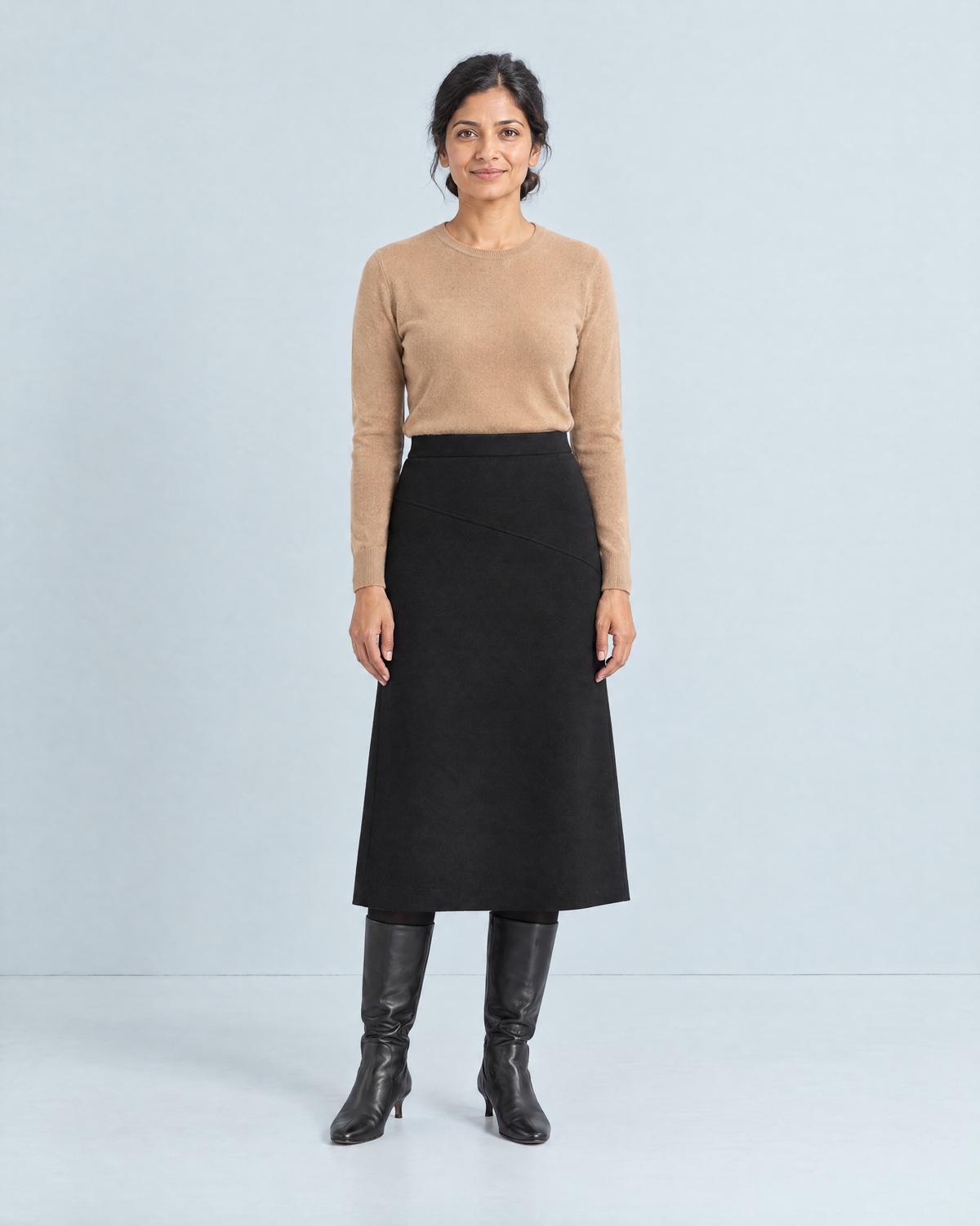 WINTER MIDI lined wool A-line midi skirt in Black, front view
