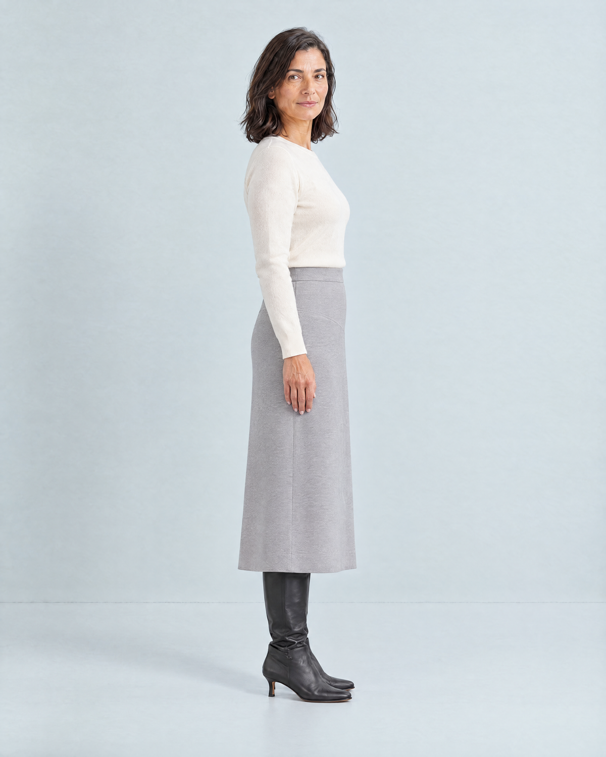 WINTER MIDI wool midi skirt in Light Grey, side view showing the A-line shape