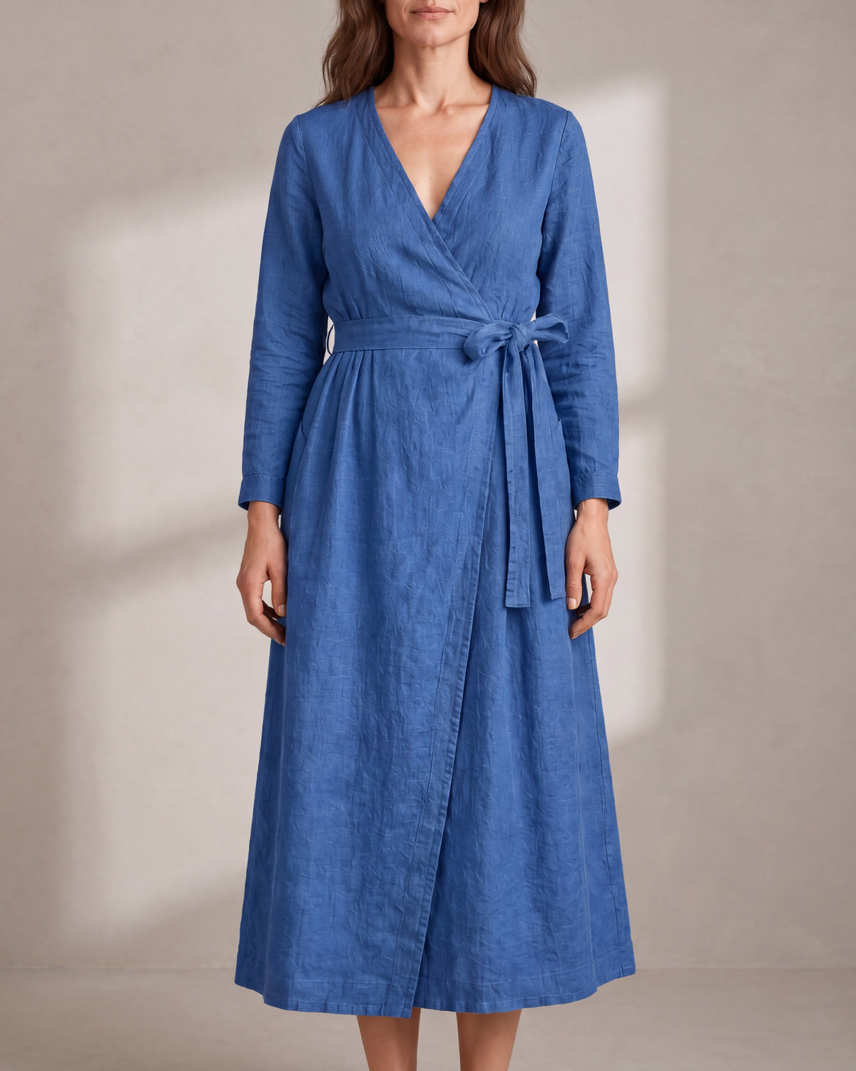 WRAP Blue linen wrap midi dress, close front view