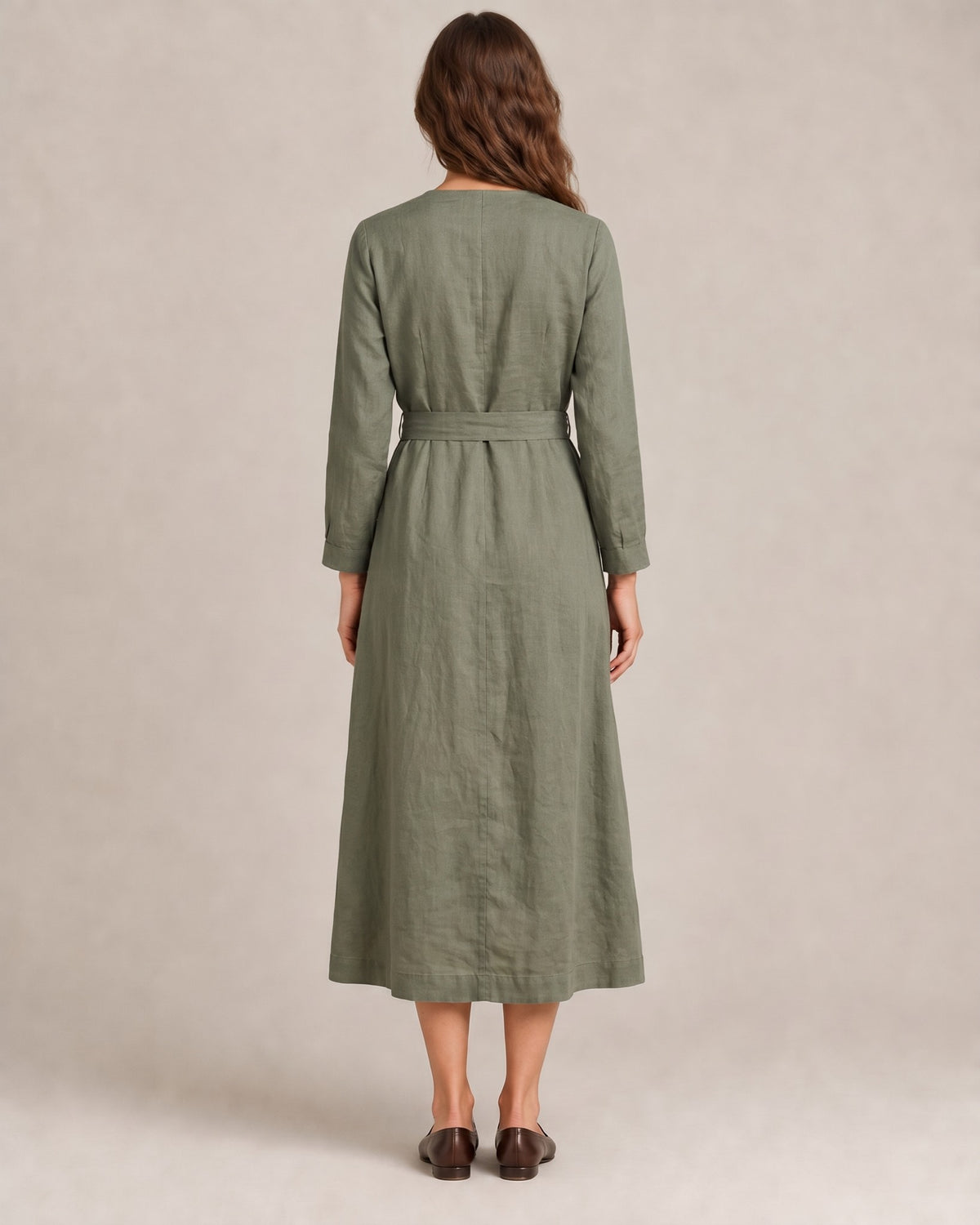 WRAP – alyvuogių žalia lininė suknelė, nugara #Color_Olive green