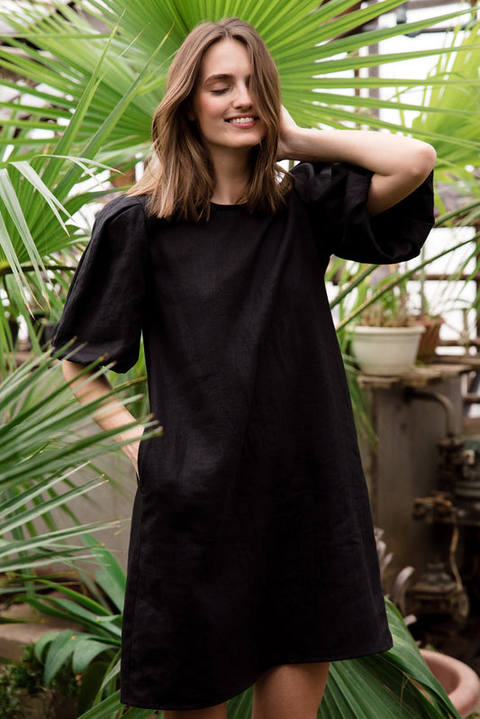 Black linen dress with sleeves CHARM