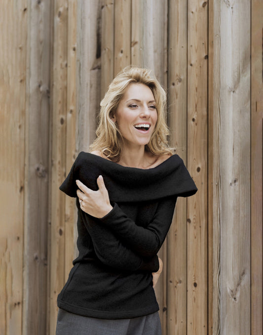 Drop shoulder sweater in black OPEN SHOULDERS with buttons