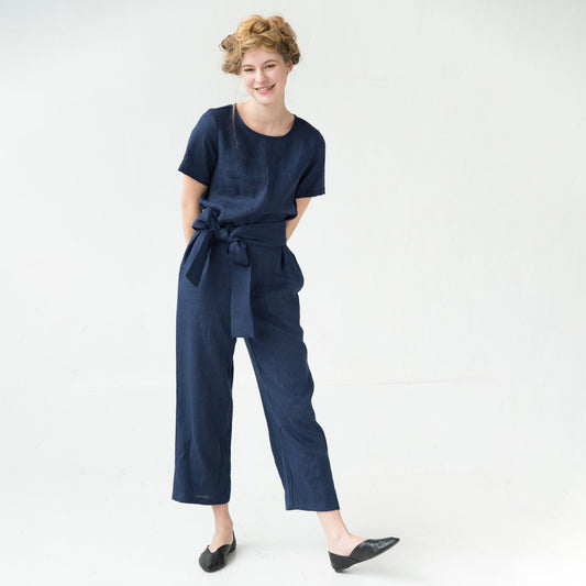 Linen jumpsuit with sleeves in deep blue AMSTERDAM