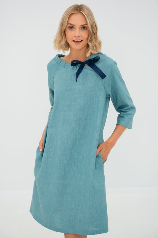 Teal linen dress FRENCH
