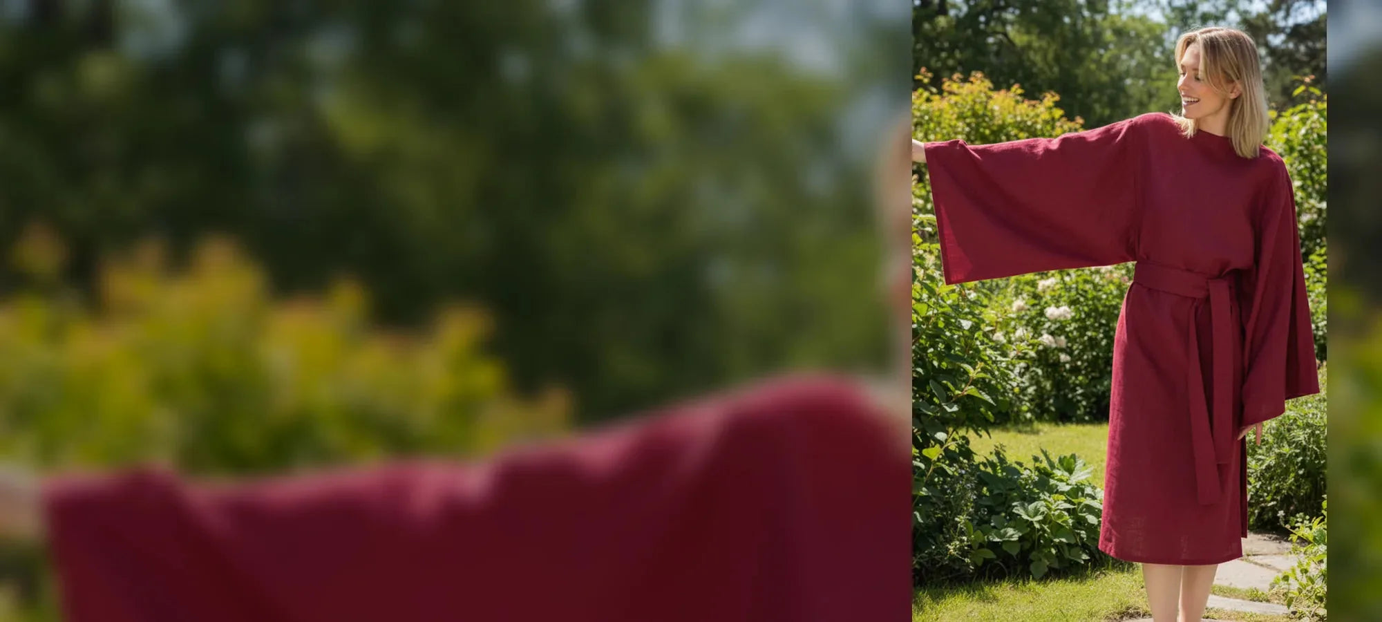 Woman wearing a LeMuse linen dress outdoors