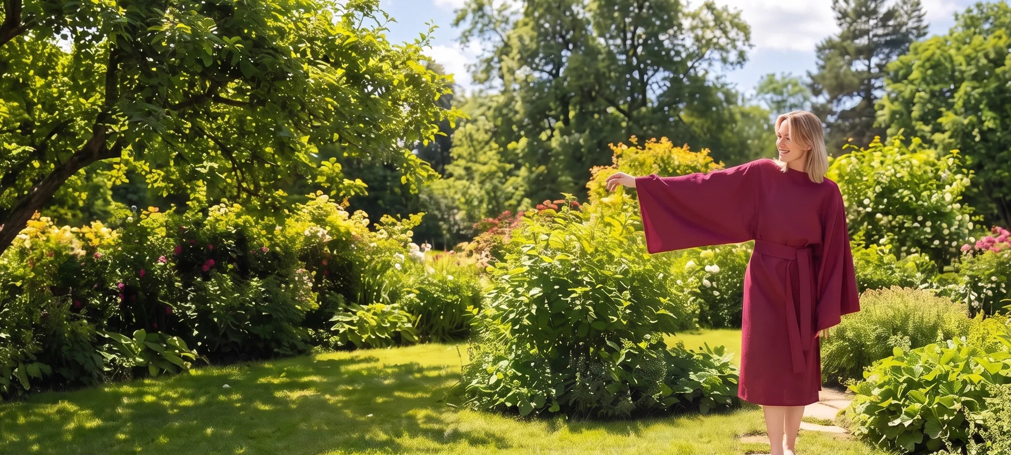 Woman wearing a LeMuse linen dress outdoors